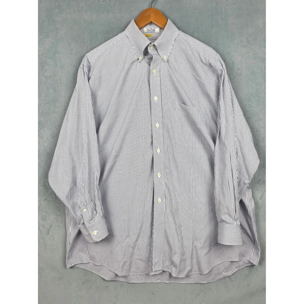 Paul Fredrick Mens 17-32 Blue White Striped Pinpoint Oxford Button Down Shirt